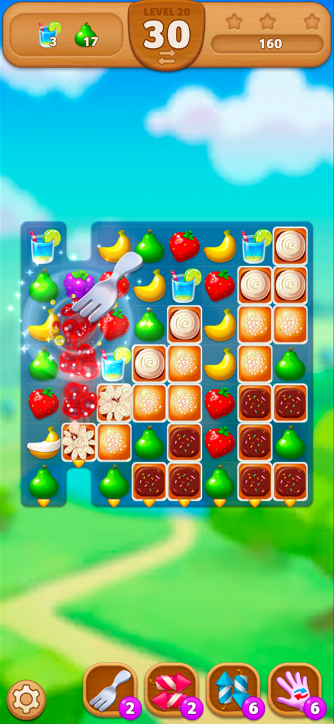 Fruits Mania : Elly’s travel - Gameplay screenshot of Fruits Mania showing a match 3 puzzle board with colorful fruits and a fork booster being used.