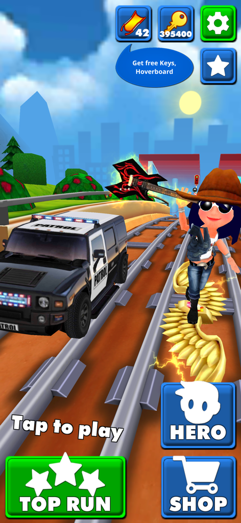 Hauptmenü von City Kids Running Game, das einen Charakter im Cowboyhut zeigt, der auf goldenen Flügeln über Bahngleisen surft