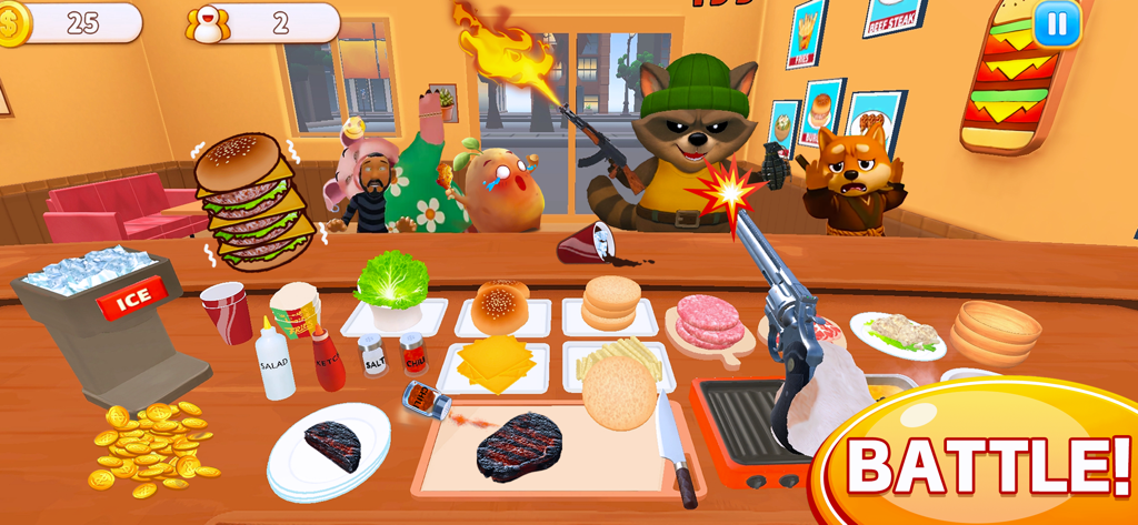 Cooking Clash - Una caótica escena de batalla en la cocina en Cooking Clash con peculiares personajes animales y un jugador apuntando con un arma.
