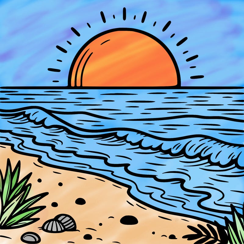 a beach with a sunset