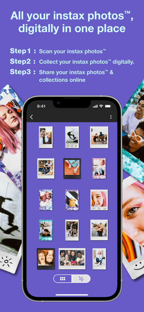 Smartphone affichant une grille de photos instax numérisées dans l'application instax UP