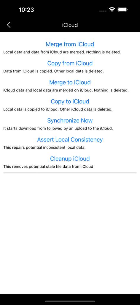 Maps for OSM - Menú de opciones de copia de seguridad y sincronización de datos de iCloud en la aplicación Mapas para OSM
