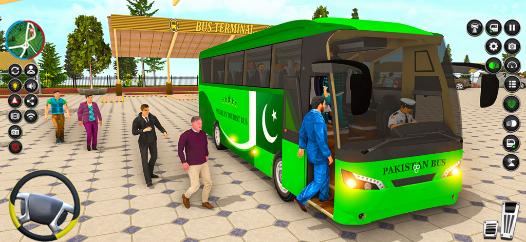 A green Pakistan tourist bus parked at a terminal with passengers boarding in the Pakistan India Bus Simulator mobile game.