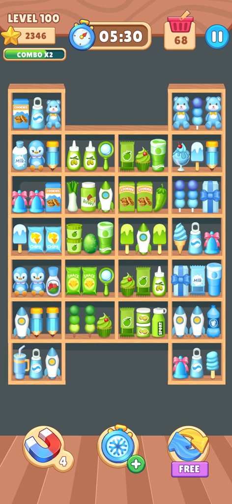 Gameplay screen of Match Goods Sorting Challenge showing colorful products on wooden shelves for triple matching and organization