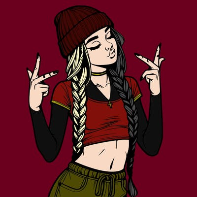 realistic teenage girl with braids and a beanie and crop top doing 🫶🏼