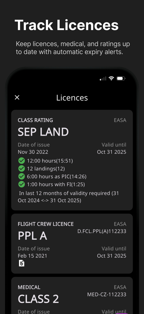 FLYLOG app interface showing pilot license tracking medical certificates and rating expiry alerts