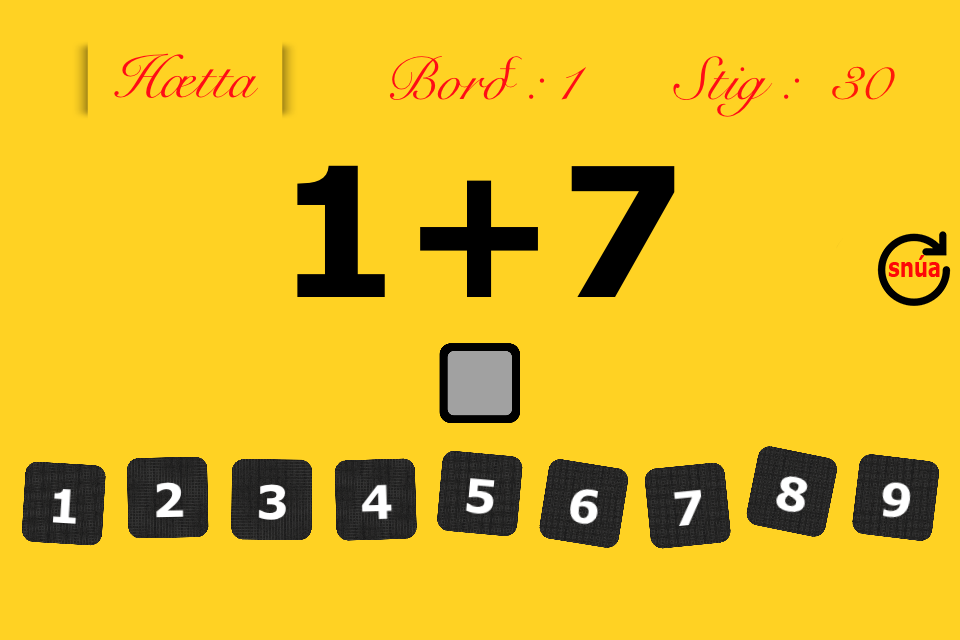 Stærðfræðileikurinn - A math game interface showing an addition problem with numeric options