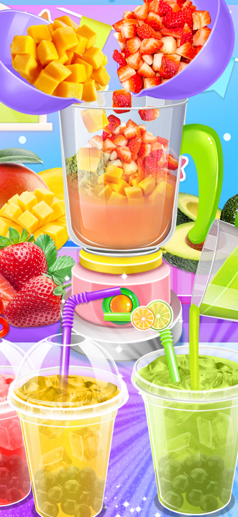 Una colorida simulación digital de licuado de fresas y mangos para hacer bubble tea, con bebidas terminadas en primer plano.