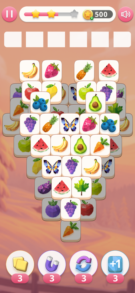 2 Tiles - Duo Match - Gameplay of 2 Tiles Duo Match showing fruit and nature themed tiles in a heart shape layout