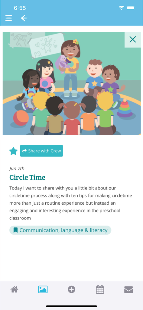 A KinderCare app screenshot showing a circle time activity update with a teacher and children illustration