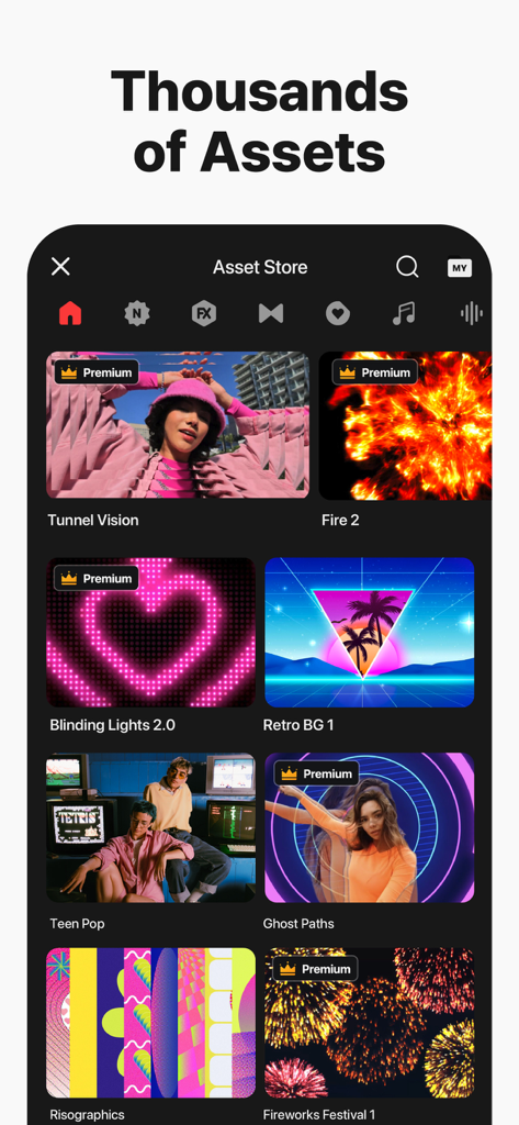 Interfaz de la Tienda de Recursos de la aplicación KineMaster que muestra varios efectos de video, fondos y plantillas creativas.