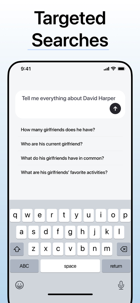Deepsearch AI app interface displaying targeted search queries for people lookup and social verification