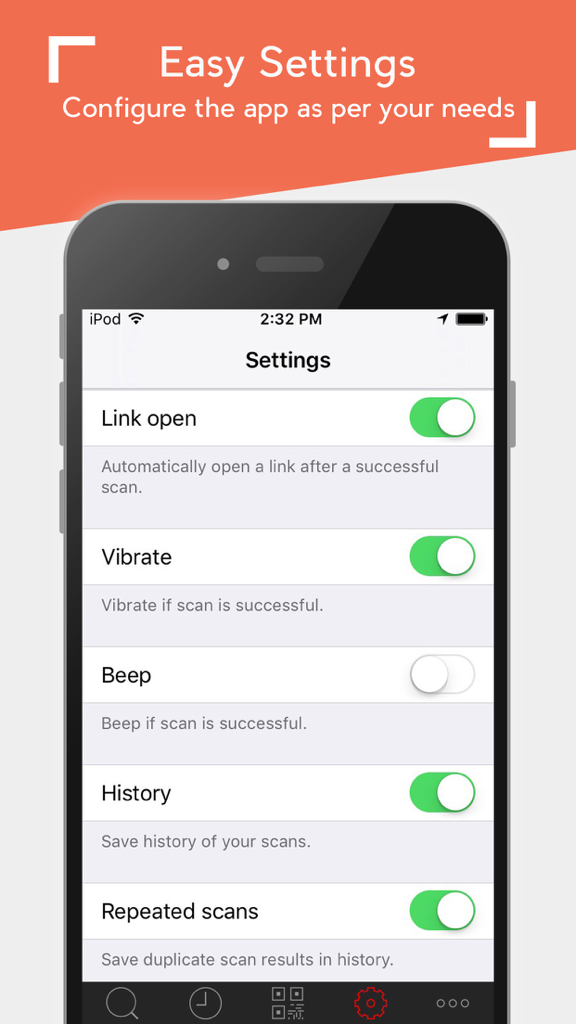 Settings screen of the Barcode Scanner app displaying configuration options for history link opening and scan alerts