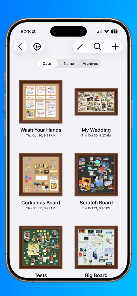 Corkulous - Your Ideas - A gallery view of multiple visual idea boards on the Corkulous iPhone app including a wedding planner and a scratch board.