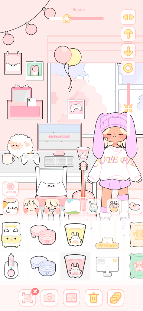 A pink aesthetic room decoration and character customization screen in the Lovely Doll dress up game