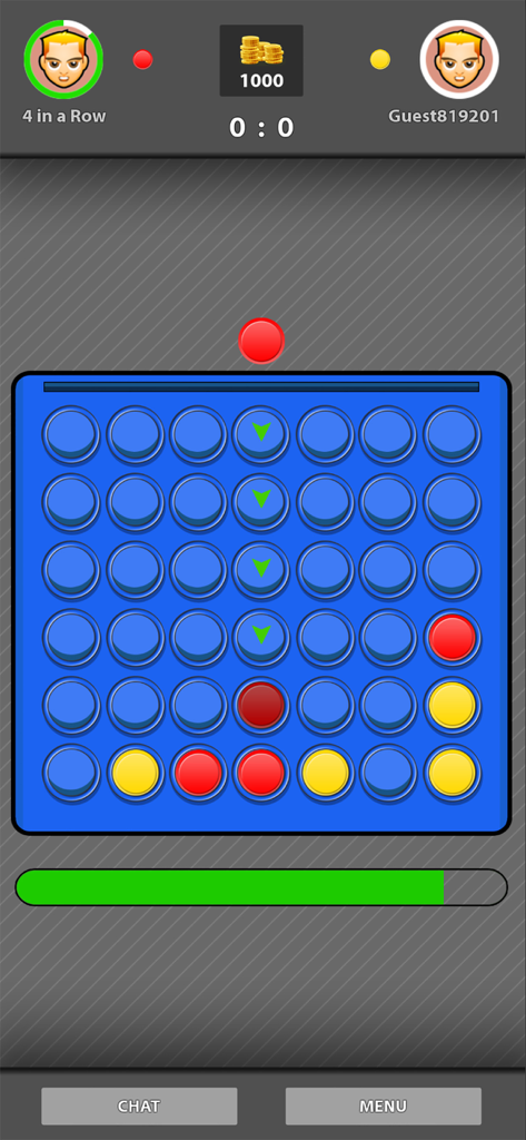 Un juego digital de Conecta Cuatro que muestra un tablero azul clásico con piezas rojas y amarillas durante una partida online.