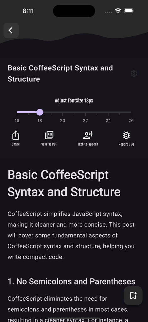 Learn CoffeeScript - CoffeeScript tutorial screen showing basic syntax lesson with font size adjustment and text to speech features