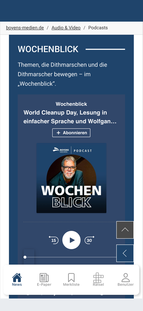 Screenshot der Boyens Medien App Podcast-Oberfläche mit dem Wochenblick Podcast