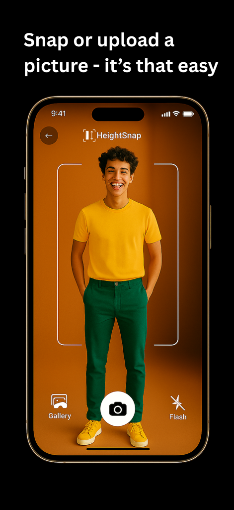 Height Measure - HeightSnap - Smartphone screen showing the HeightSnap app camera interface with a photo of a man and an instruction to snap or upload a picture