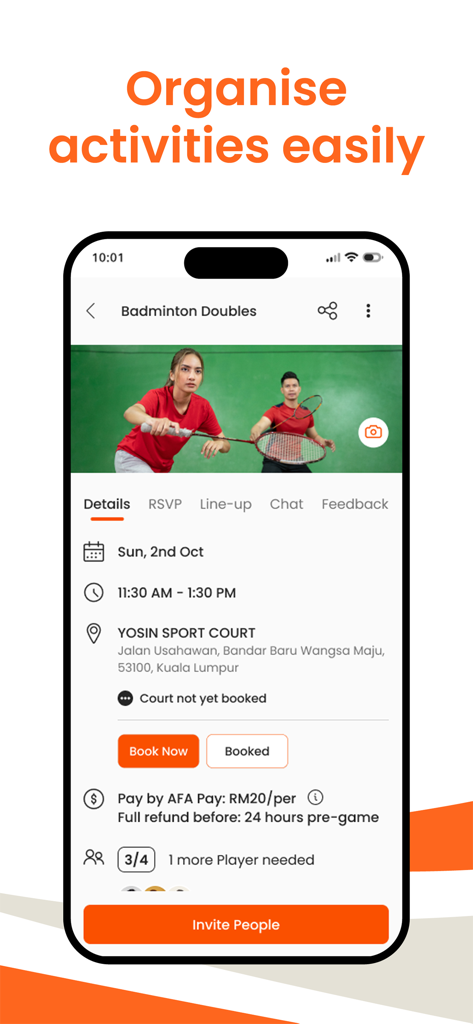 AFA: Meet People, Play Sports - Pantalla de la aplicación AFA que muestra detalles de un partido de dobles de bádminton, incluida la reserva del lugar y el número de jugadores