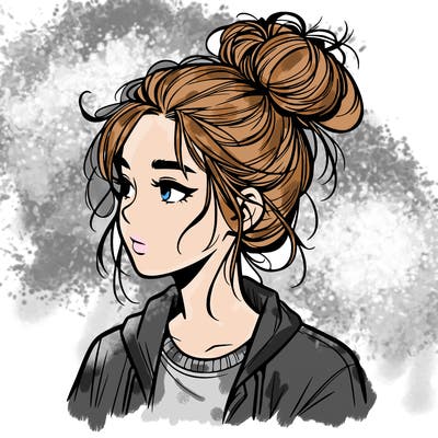 realistic teenage girl with a messy bun