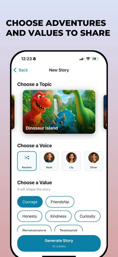 Dreema: Bedtime Stories AI - Screen of Dreema app showing story topic selection voice options and moral values for AI generated bedtime stories