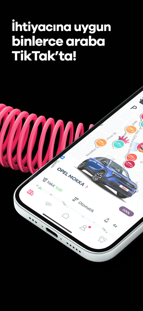 TikTak - TikTak car sharing mobile app interface showing an Opel Mokka for rent on a map