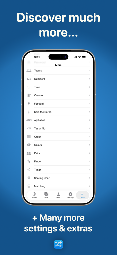 A smartphone display showing the features menu of the Random Generator Premium app including teams numbers and games