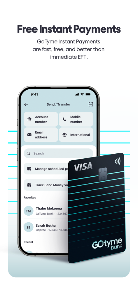 Interface of the GoTyme Bank app showing free instant payment options and a branded Visa debit card.