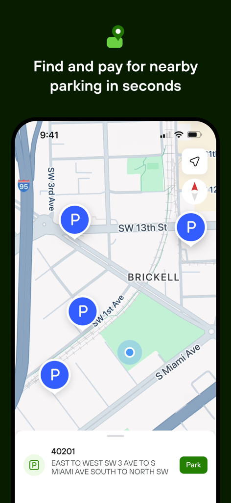 PayByPhone app interface showing an urban map with several blue parking location pins in the Brickell area