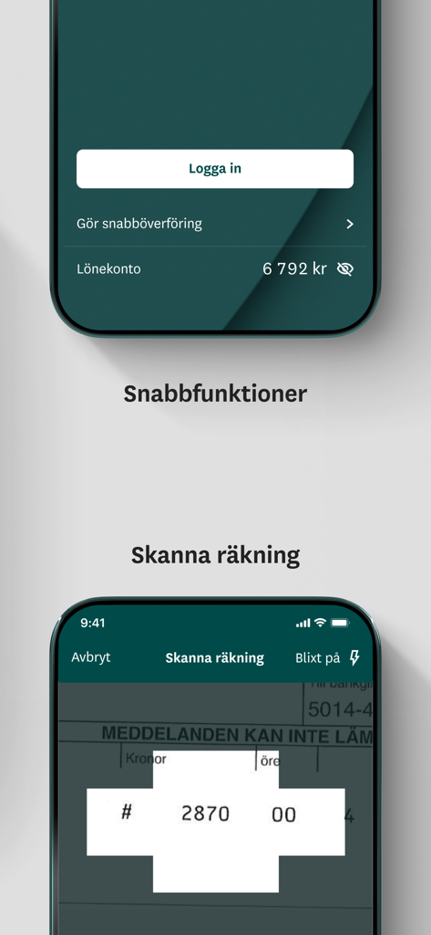 Screenshots of the Skandia mobile app displaying quick login functions and the bill scanning feature using the phone camera.