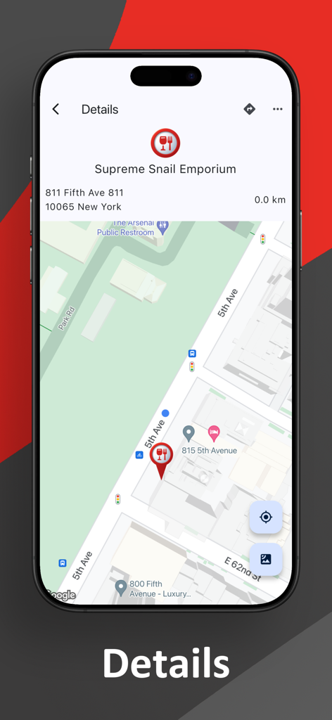 Restaurant Locator Anywhere - Restaurant Locator Anywhere app details screen showing a restaurant location in New York on a map