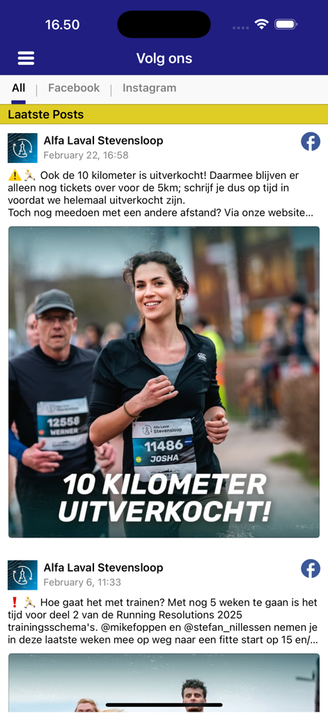 Stichting Zevenheuvelenloop - Social media feed showing latest race updates and sold out announcements in the app