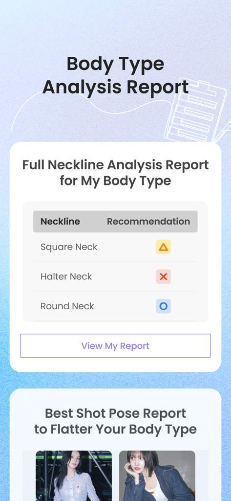 Seoul Beauty Lab: Face & Body - Body type analysis report showing neckline recommendations and celebrity pose styling tips.