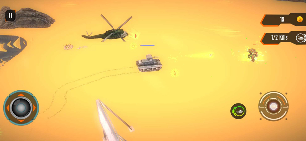 Tanks Blitz: Battle Tank Games - Vista aérea de una batalla de tanques en un escenario desértico con un helicóptero y controles de juego móvil.