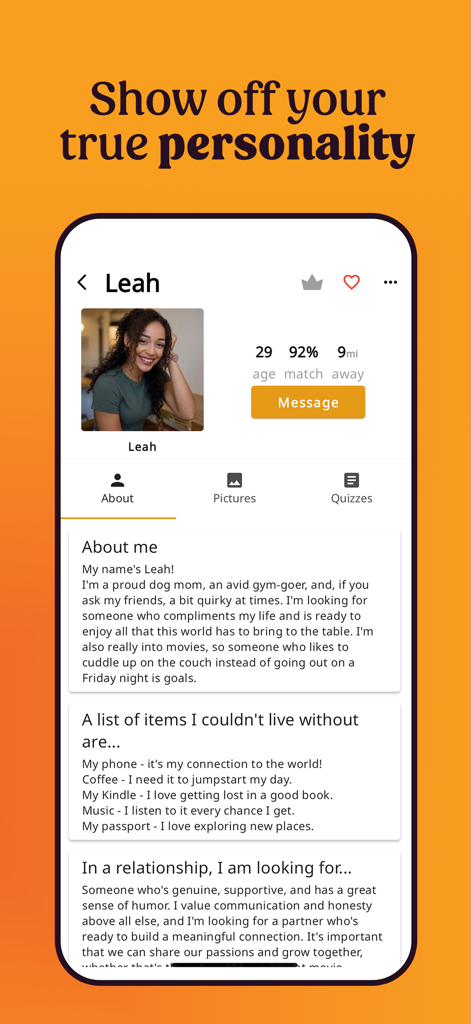 A detailed user profile on the Firefly dating app showing a 92 percent match score and an in depth about me section under the headline show off your true personality