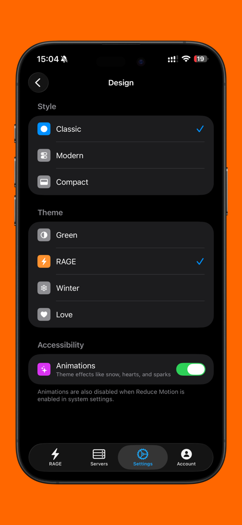 RAGE - Unlimited Access - Interface of the RAGE app design settings showing style and theme customization options in dark mode