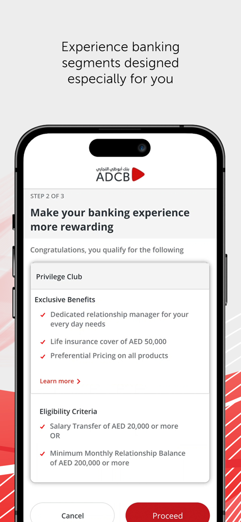 ADCB Hayyak app screen displaying Privilege Club exclusive benefits and eligibility criteria for premium banking.