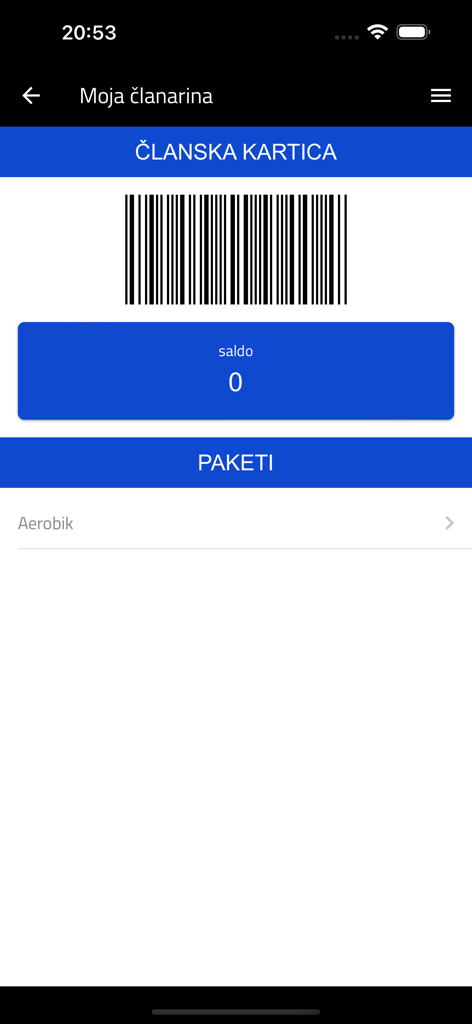 1MAN STUDIO - Digital membership card screen in the 1MAN STUDIO app featuring a barcode and account balance information