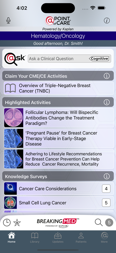 Hem Onc Point of Care mobile app home screen showing clinical search bar and medical education modules