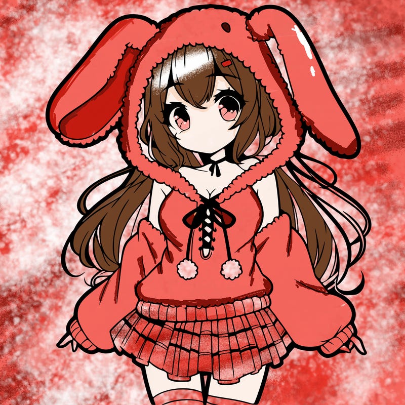 pretty anime girl wearing a fluffy hoodie with bunny ears on the hood and a skirt