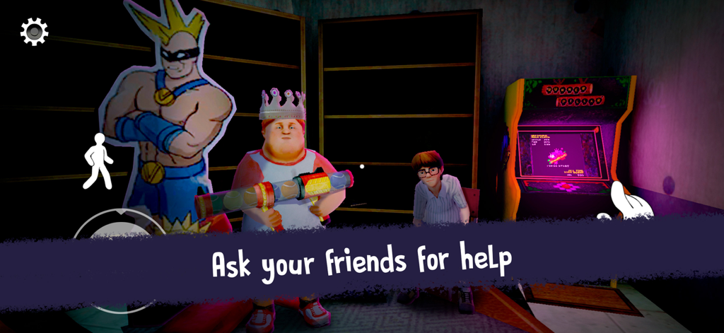 Personajes en una habitación oscura con una máquina arcade y un texto superpuesto que dice Pide ayuda a tus amigos.