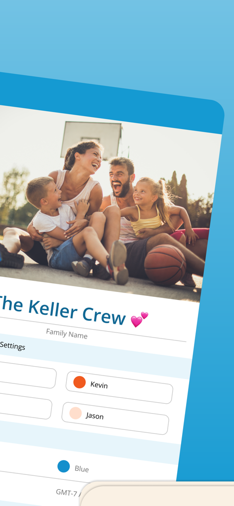 A family profile screen in the Cozi Family Organizer app featuring a shared photo and color-coded family member names.