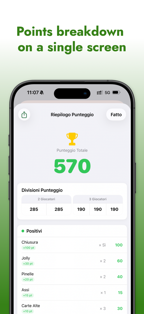 Burraco Manager - Score summary screen of the Burraco Manager app showing points breakdown and player divisions on an iPhone.
