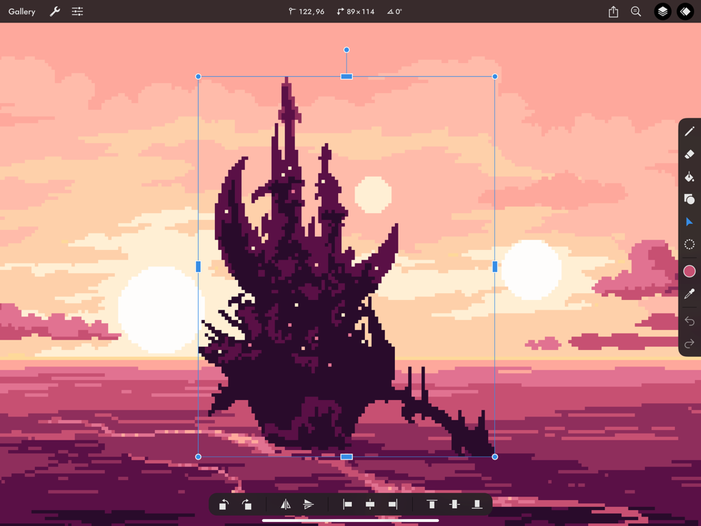Pixaki 4 Pro - Eine dunkle Pixel-Art-Burg, die mit dem Transformationswerkzeug in Pixaki 4 Pro auf dem iPad vor einem pinken Sonnenuntergangshintergrund vergrößert wird.