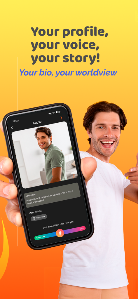Flamr Dating for Progressives - A smartphone showing a user profile on the Flamr dating app featuring a bio with progressive values.