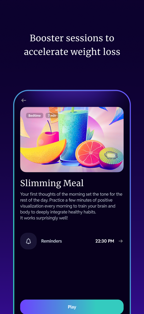 Kure: Healing Hypnosis - A mobile app screen for Kure Healing Hypnosis featuring a booster session titled Slimming Meal for weight loss acceleration.