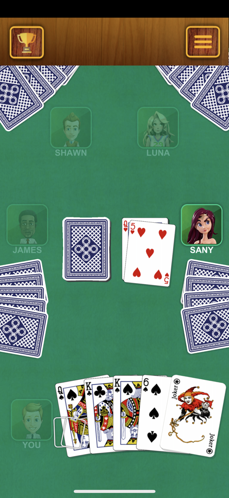 Crazy Eights - Classic Cards - Crazy Eights card game interface showing a hand of cards and AI opponents on a green table