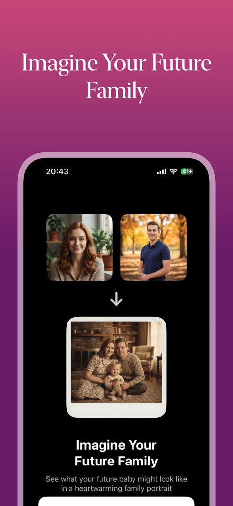 Polaroid AI  Photo Generator - A mobile app interface showing two photos of a couple being transformed into a vintage AI generated family portrait with a baby.