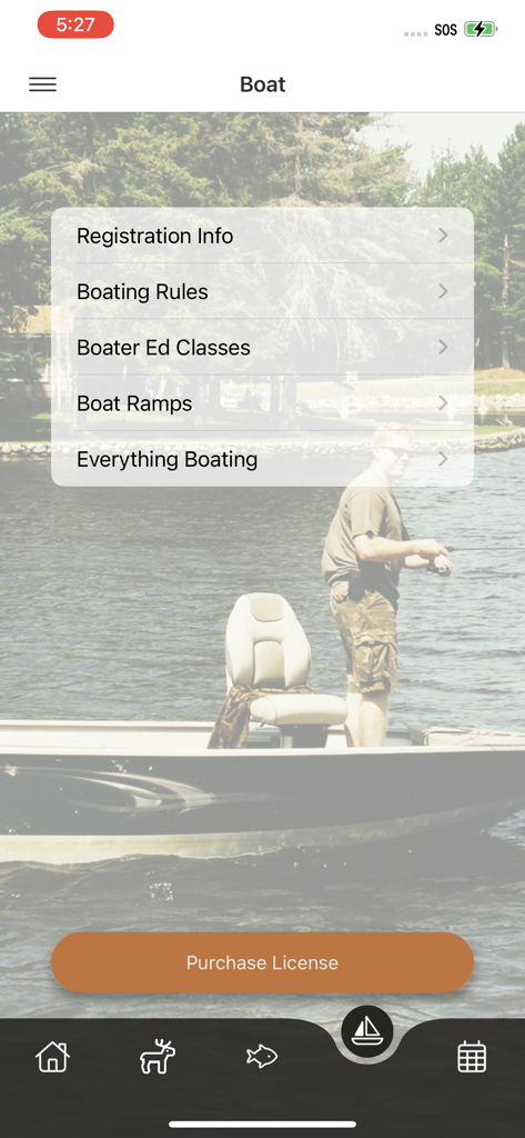 Go Outdoors GA - Go Outdoors GA app screen showing boating resources including registration info, boating rules, and a purchase license button